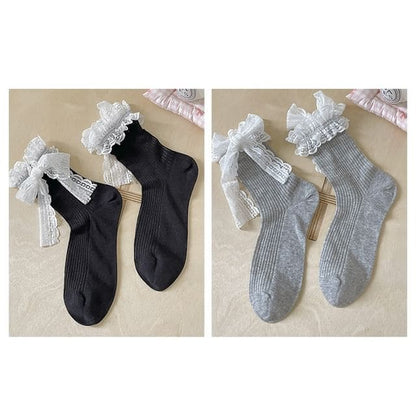 Bow Lace Socks / Set - Set Of 2 Pairs - Black & Gray