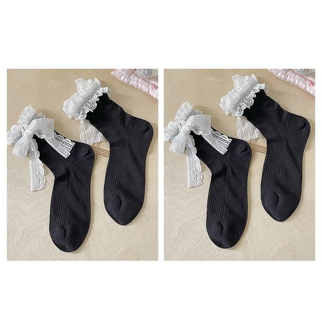 Bow Lace Socks / Set - Set Of 2 Pairs - Black / One Size