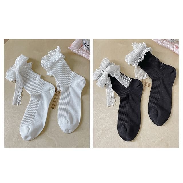 Bow Lace Socks / Set - Set Of 2 Pairs - White & Black