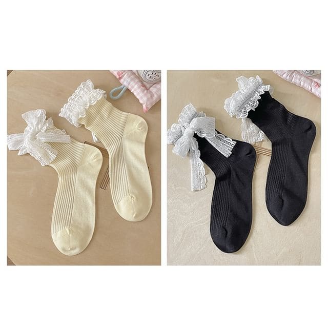 Bow Lace Socks / Set - Set Of 2 Pairs - Yellow & Black