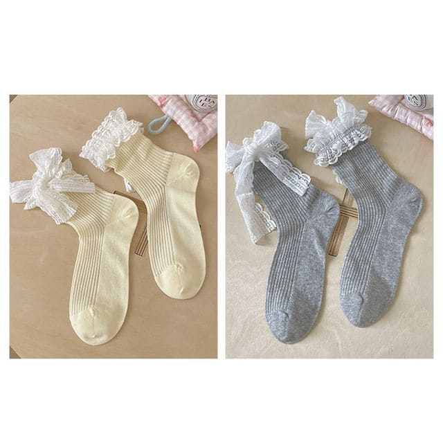 Bow Lace Socks / Set - Set Of 2 Pairs - Yellow & Gray