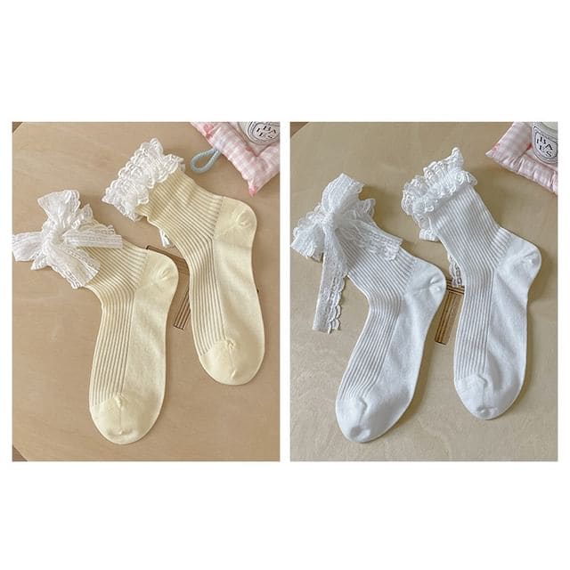 Bow Lace Socks / Set - Set Of 2 Pairs - Yellow & White