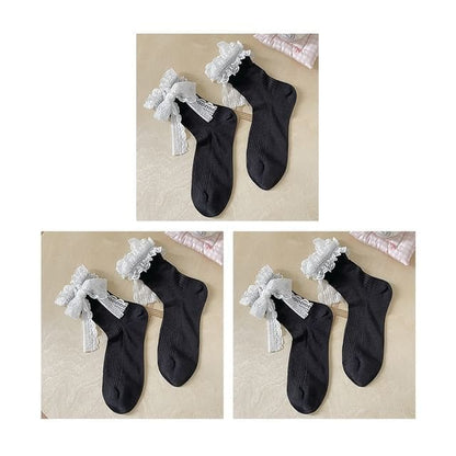 Bow Lace Socks / Set - Set Of 3 Pairs - Black / One Size