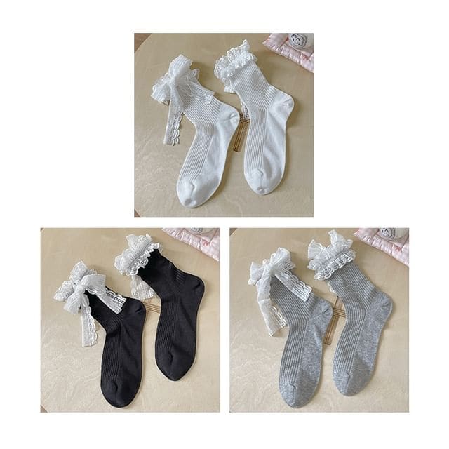 Bow Lace Socks / Set - Set Of 3 Pairs - Black & White &