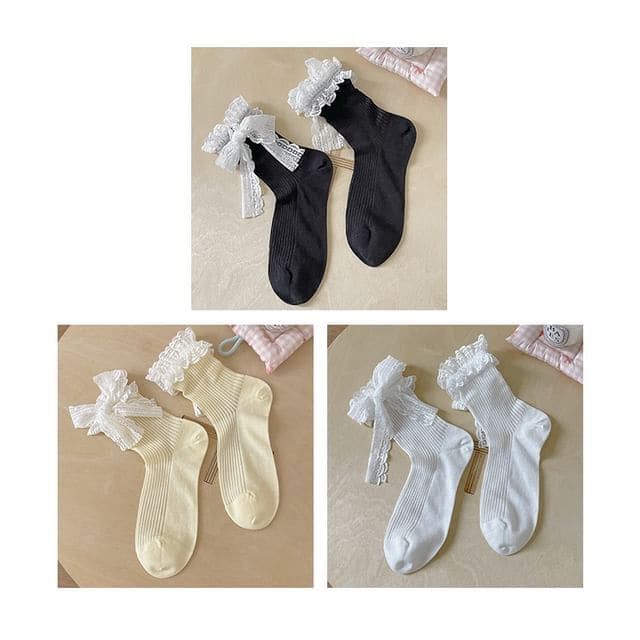 Bow Lace Socks / Set - Set Of 3 Pairs - Black & Yellow &