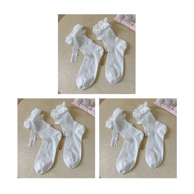 Bow Lace Socks / Set - Set Of 3 Pairs - White / One Size