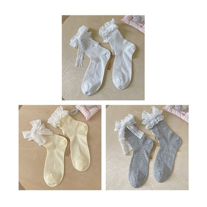 Bow Lace Socks / Set - Set Of 3 Pairs - White & Yellow &