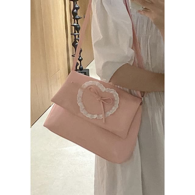 Bow Lace Trim Faux Leather Flap Crossbody Bag - Pink