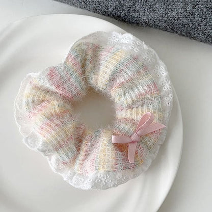 Bow Lace Trim Knit Scrunchie - Pink & Blue & Yellow