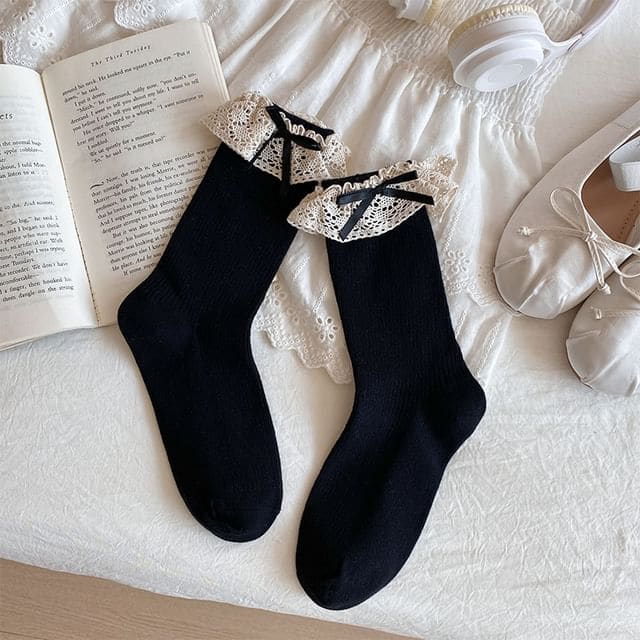 Bow Lace Trim Ribbed Socks / Set - Women - 1 Pair - Socks