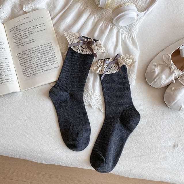 Bow Lace Trim Ribbed Socks / Set - Women - 1 Pair - Socks