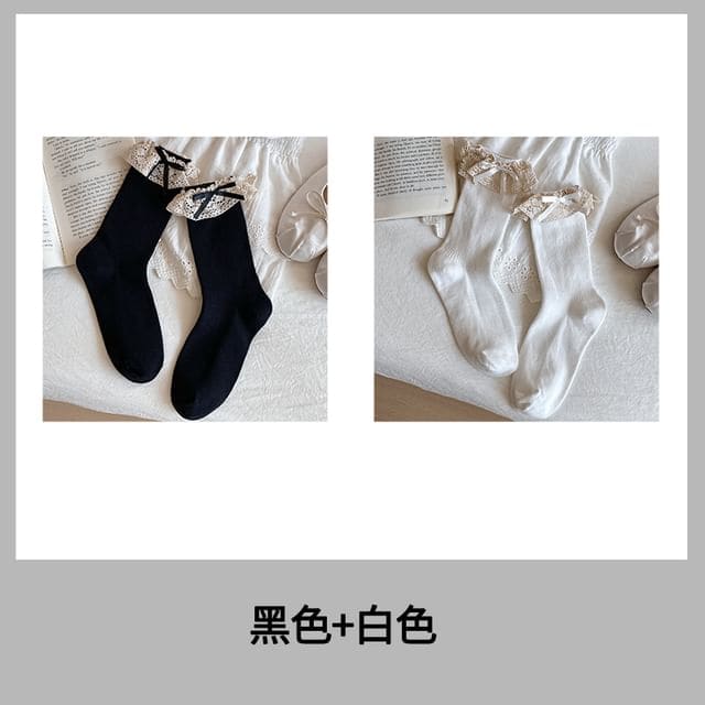 Bow Lace Trim Ribbed Socks / Set - Women - Set Of 2 Pairs