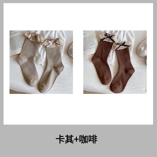 Bow Lace Trim Ribbed Socks / Set - Women - Set Of 2 Pairs