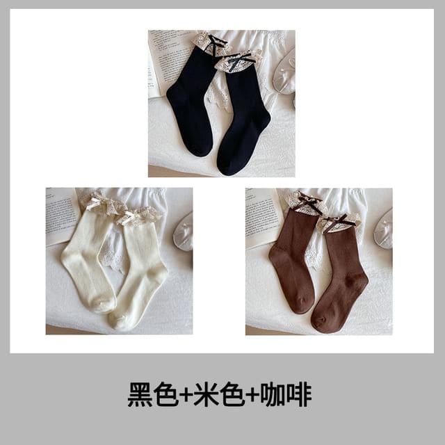 Bow Lace Trim Ribbed Socks / Set - Women - Set Of 3 Pairs