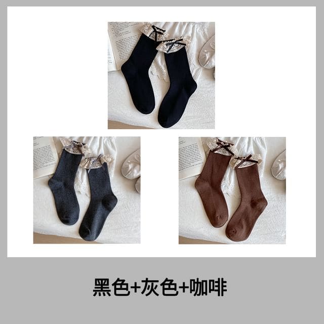 Bow Lace Trim Ribbed Socks / Set - Women - Set Of 3 Pairs