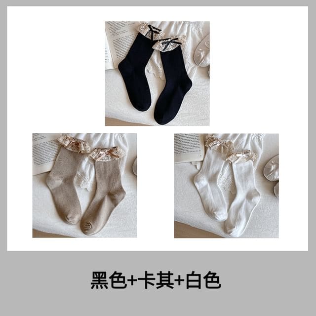 Bow Lace Trim Ribbed Socks / Set - Women - Set Of 3 Pairs