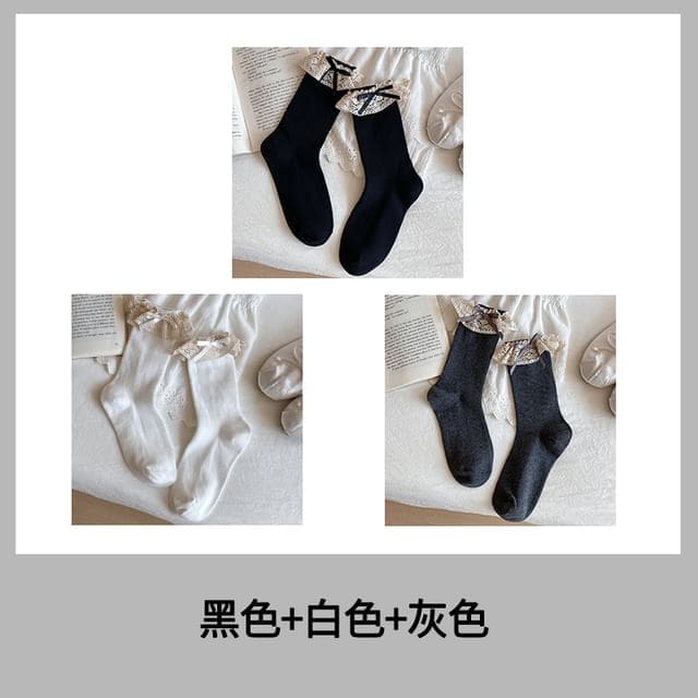 Bow Lace Trim Ribbed Socks / Set - Women - Set Of 3 Pairs