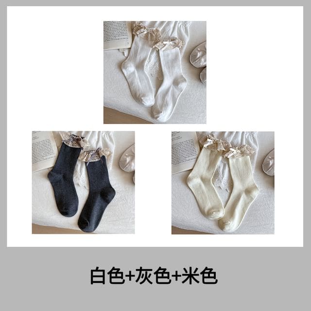 Bow Lace Trim Ribbed Socks / Set - Women - Set Of 3 Pairs