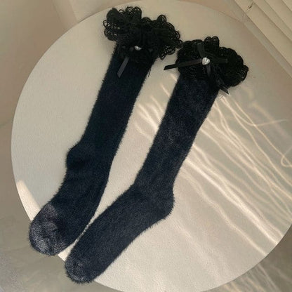 Bow Lace Trim Socks - Black / One Size