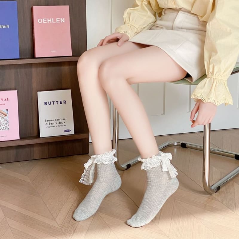 Bow Lace Trim Socks Set