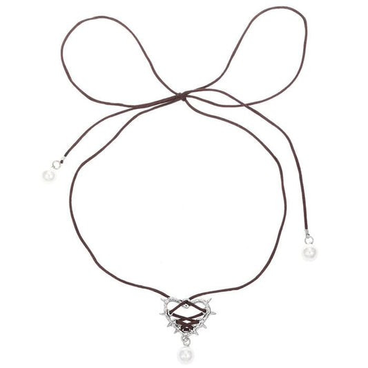 Bow Lace Up Heart Necklace - Standart / Brown - Necklace