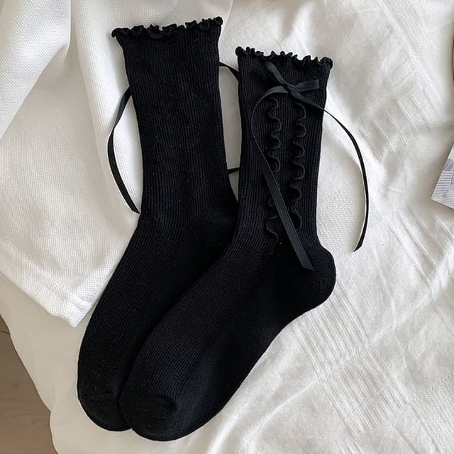 Bow Lettuce Edge Socks / Set - 1 Pair - Black / One Size