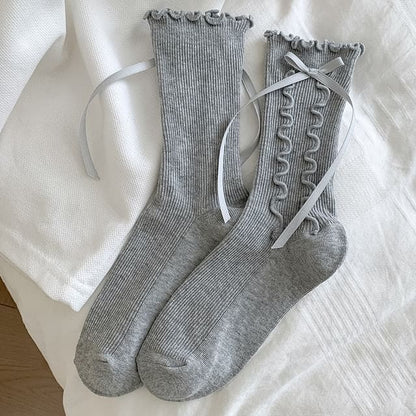 Bow Lettuce Edge Socks / Set - 1 Pair - Gray / One Size