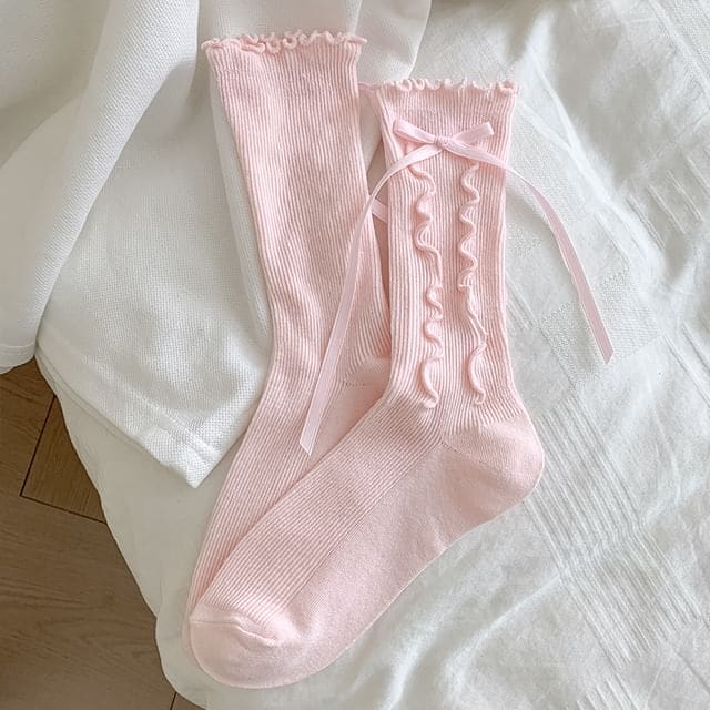 Bow Lettuce Edge Socks / Set - 1 Pair - Pink / One Size