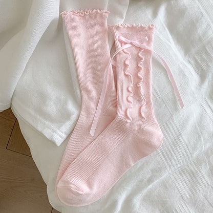 Bow Lettuce Edge Socks / Set - 1 Pair - Pink / One Size