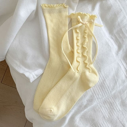 Bow Lettuce Edge Socks / Set - 1 Pair - Yellow / One Size