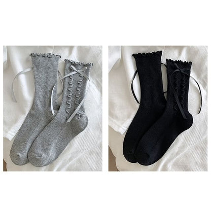 Bow Lettuce Edge Socks / Set - 2 Pairs - Gray & Black