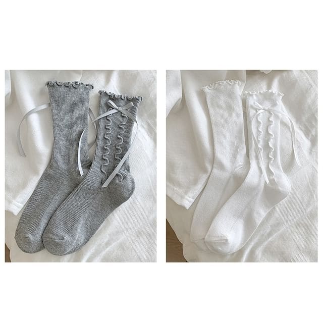 Bow Lettuce Edge Socks / Set - 2 Pairs - Gray & White