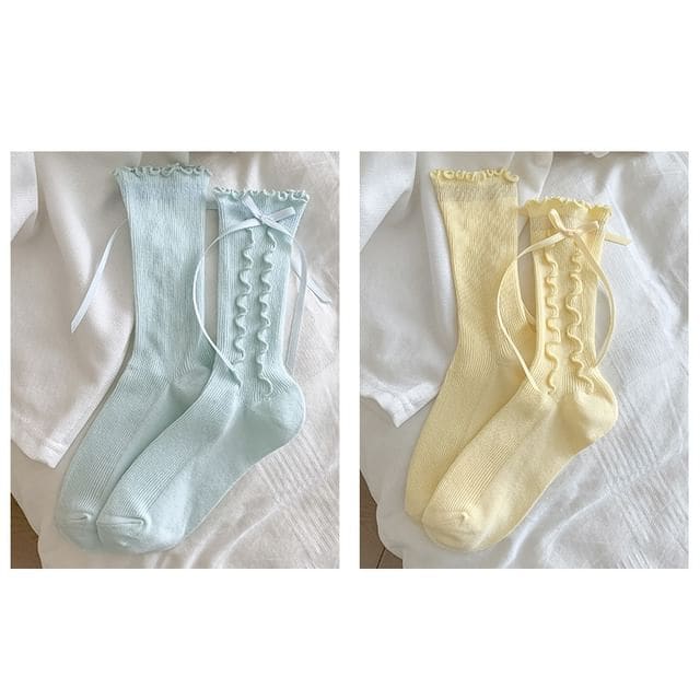 Bow Lettuce Edge Socks / Set - 2 Pairs - Light Green &