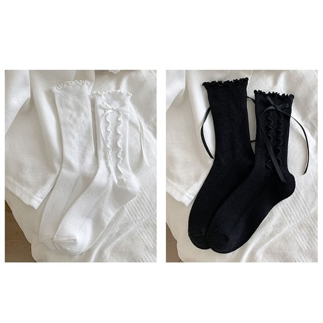 Bow Lettuce Edge Socks / Set - 2 Pairs - White & Black