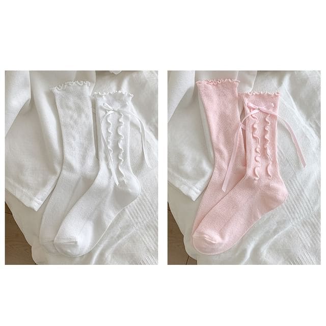 Bow Lettuce Edge Socks / Set - 2 Pairs - White & Pink