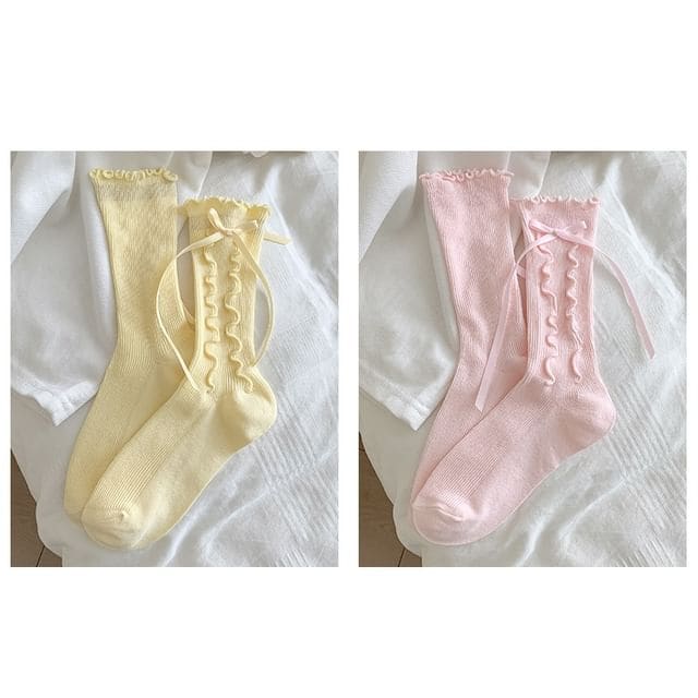 Bow Lettuce Edge Socks / Set - 2 Pairs - Yellow & Pink