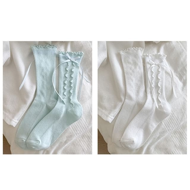 Bow Lettuce Edge Socks / Set - Light Green + White