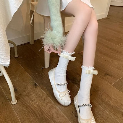 Bow Mid Calf Socks / Set - 1 Pair - Milky White Bow - White