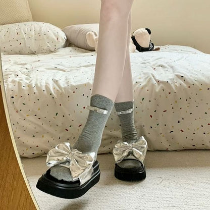 Bow Mid Calf Socks / Set - 1 Pair - Silver Bow - Light Gray