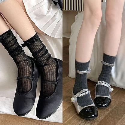 Bow Mid Calf Socks / Set - 2 Pairs - Black & Silver Bow