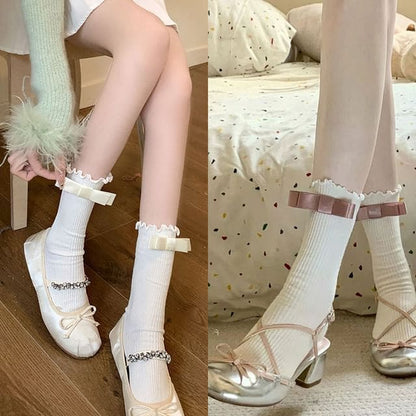 Bow Mid Calf Socks / Set - 2 Pairs - Milky White Bow White