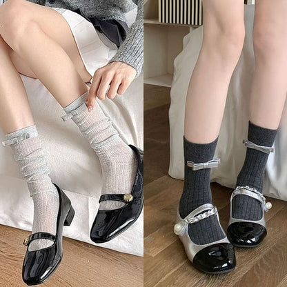 Bow Mid Calf Socks / Set - 2 Pairs - Silver & Silver Bow