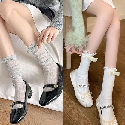 Bow Mid Calf Socks / Set - 2 Pairs - Silver & Milky Bow