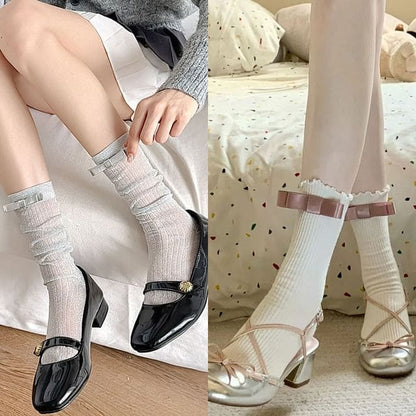 Bow Mid Calf Socks / Set - 2 Pairs - Silver & Pink Bow