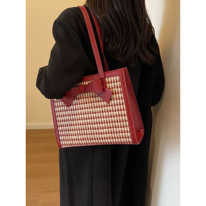 Bow Panel Tweed Tote Bag