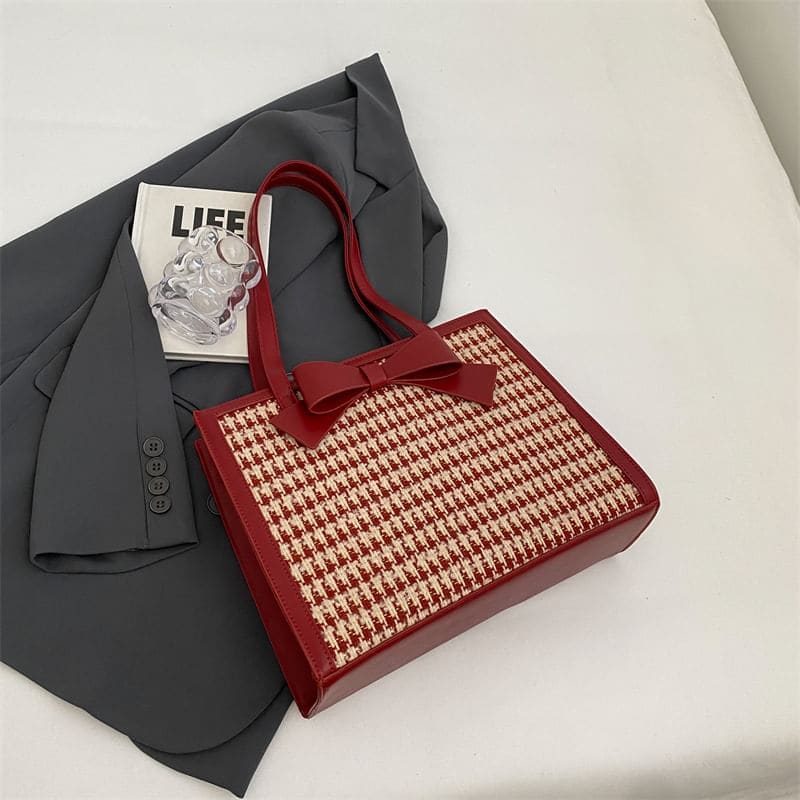 Bow Panel Tweed Tote Bag