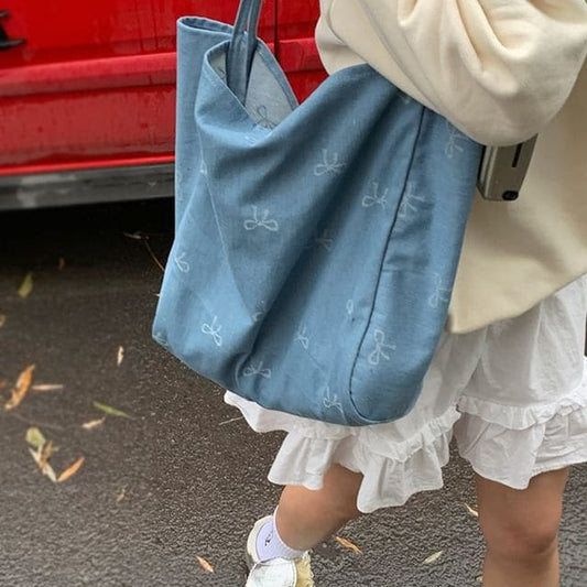 Bow Patterned Denim Tote Bag - Bow - Grayish Blue / One Size