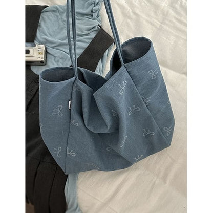 Bow Patterned Denim Tote Bag - Bow - Grayish Blue / One Size