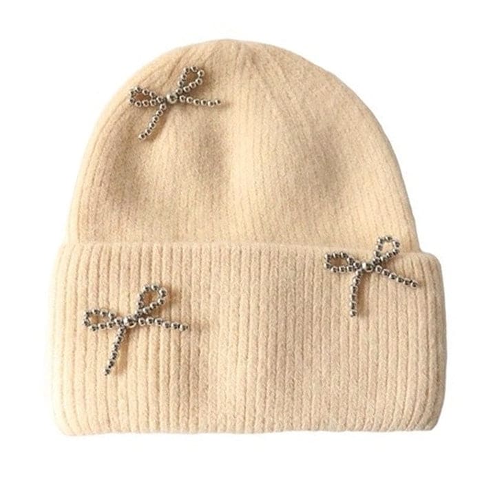 Bow Pearl Beanie Hat - Standart / Beige - Hats