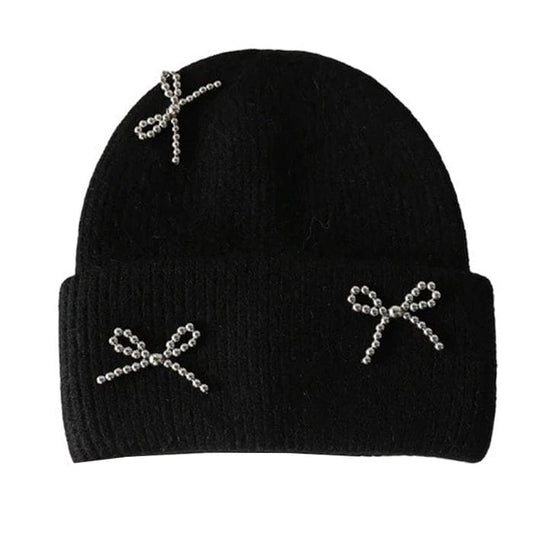 Bow Pearl Beanie Hat - Standart / Black - Hats